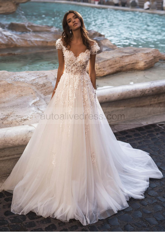 Beaded Cap Sleeve Ivory Lace Tulle Tasteful Wedding Dress Beaded Cap Sleeve Ivory Lace Tulle Tasteful Wedding Dress